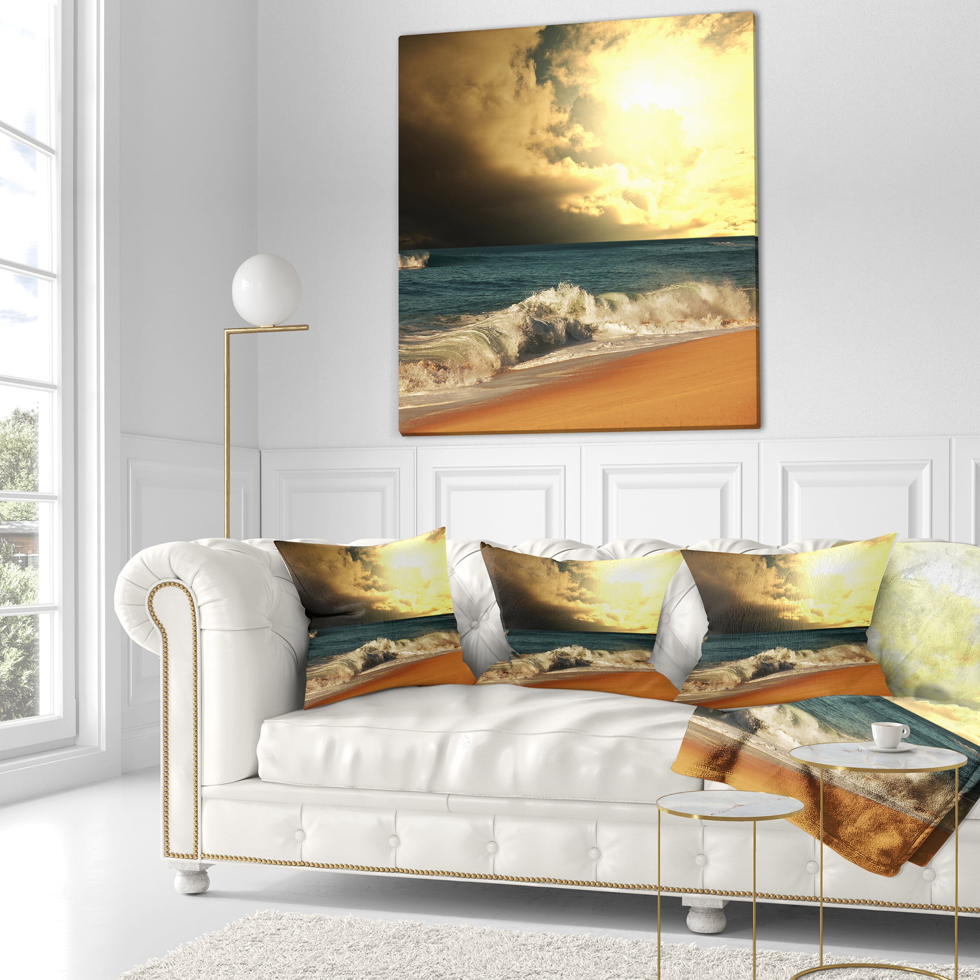 Designart Rushing Waves under Cloudy Sky - Seashore Throw Pillow - 16x16