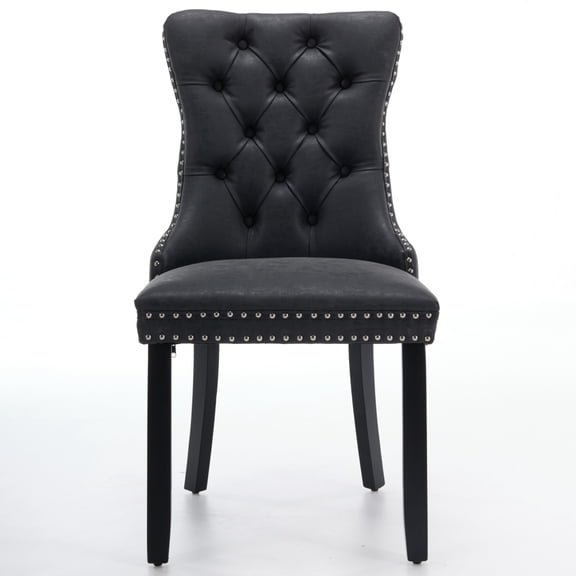YANGXUN Set of 2 Charcoal Black Dining Chairs Tufted High‑Back PU Leather Side Chairs with Nailhead Trim & Rubberwood Frame for Kitchen Dining Room