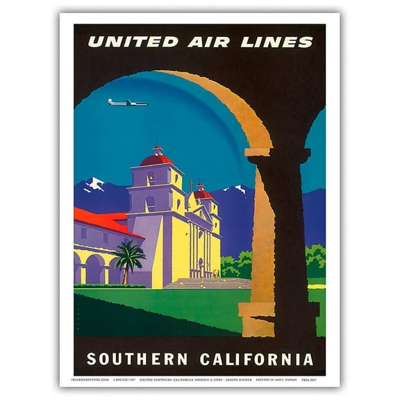 Southern California - Spanish Mission - United Air Lines - Vintage Airline Travel Poster by Joseph Binder c.1950s - Master Art Print (Unframed) 9in x 12in