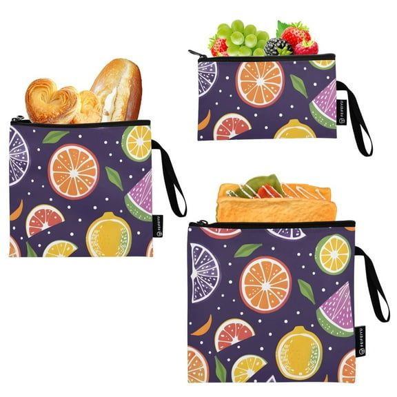 Haosy 3 Pack Reusable Ziploc Bags BPA Free Healthy Food Storage Bag Leakproof Sandwich Snack Freezer Bags Hand Drawn Citrus Fruits