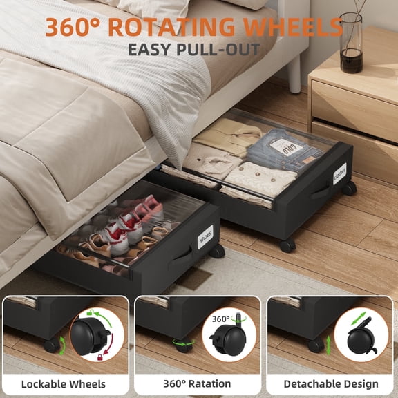 Eunos Under Bed Storage with Wheels, 2 Pack Under Bed Storage Containers with Clear Lid and Handles, Storage Organizer Bins