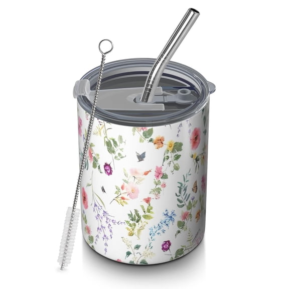 12oz Coffee Tumblers Pioneer Flower Floral Print Pattern Stainless Steel Vacuum Insulated Travel Tumbler Coffee Cups Mug with Lid and Straw with Cleaning Brush for Cold & Hot Drinks