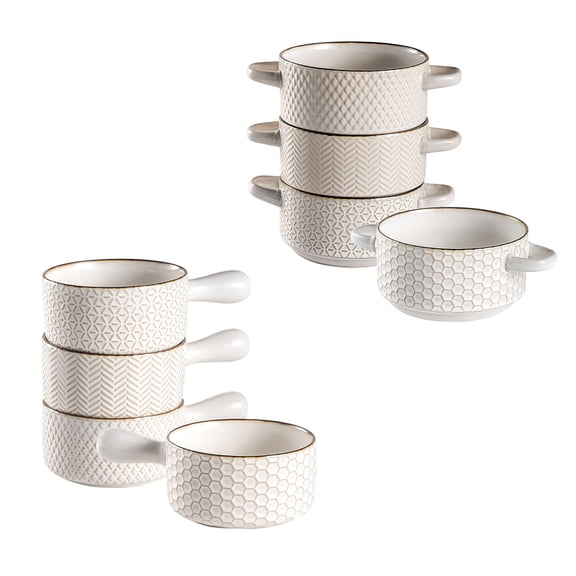 Ceramic French Onion Soup Bowls set of 4,8 pcs 27 Oz and  20 Oz Ceramic Soup Crocks,Embossed Stoneware Bowls for Soup Chili Beef Stew - Microwave Dishwasher Oven Safe