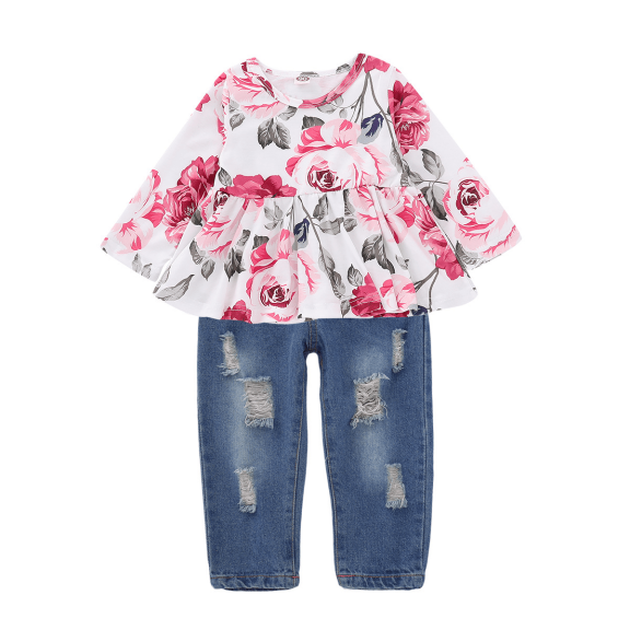 XBASW Baby Toddler Girls Summer Cute Floral Short/ Long Sleeve Flower Ruffle Tops Denim Pant Set for 1-4 Years Old