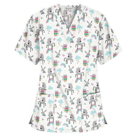 

BallsFHK Women Short Sleeve V-neck Tops Working Christmas Thanksgiving Blouse Scrub Tops Women
