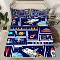 thumbnail image 2 of Manfei Cartoon Rocket 3pcs Twin Sheet Sets,Geometric Plaid Twin Fitted Sheet,Galaxy Universe Breathable Flat Sheet,Boys Bedroom Decor, 2 of 7