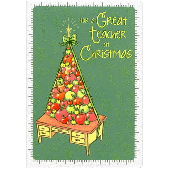 Designer Greetings Pile of Apples on Desk : Sparkling Ruler Border Juvenile Teacher Christmas Card from Child : Kid