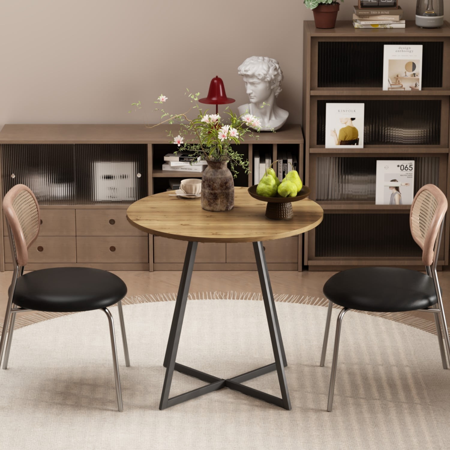 31.5" Round Dining Table, Modern Small Kitchen Table with Wood-Look Top & Black Metal Legs, Compact Circle Dining Table for 2-4 People, Apartment, Breakfast Nook & Home Office, Brown