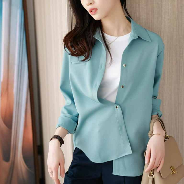 PIKADINGNIS Korean Fashion Office Shirt for Women Elegant Turndown Collar Long  Sleeve Blouses Ladies Solid Button Casual Blouse Top 