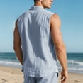 thumbnail image 5 of COSFO Mens Button Down Shirt Blue Cotton Linen Sleeveless Casual Tops Loose Summer with Pocket Collared Tank Tops, 5 of 9