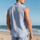 thumbnail image 5 of Camiseta sin mangas con cuello vuelto para hombre, de lino, de color liso, informal, sin mangas, con botones y bolsillos, de poliéster, para verano, 5 of 9