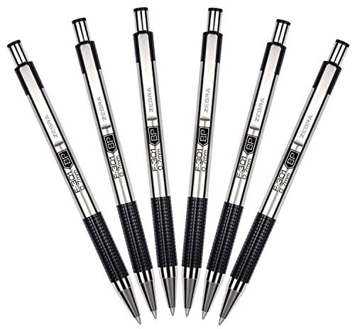 Zebra Stainless Steel Retractable Ballpoint Pen, 0.7mm Black Fine Point, Pack of 6