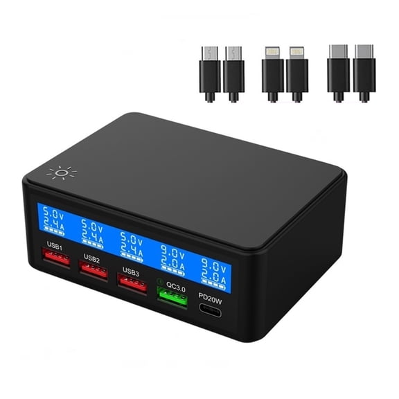 65W Multi 4 Port USB Fast Charging Station,Quick Charge QC3.0 PD 20W Wall Charger Hub With LCD For Phone Tablet ,Easy to Use