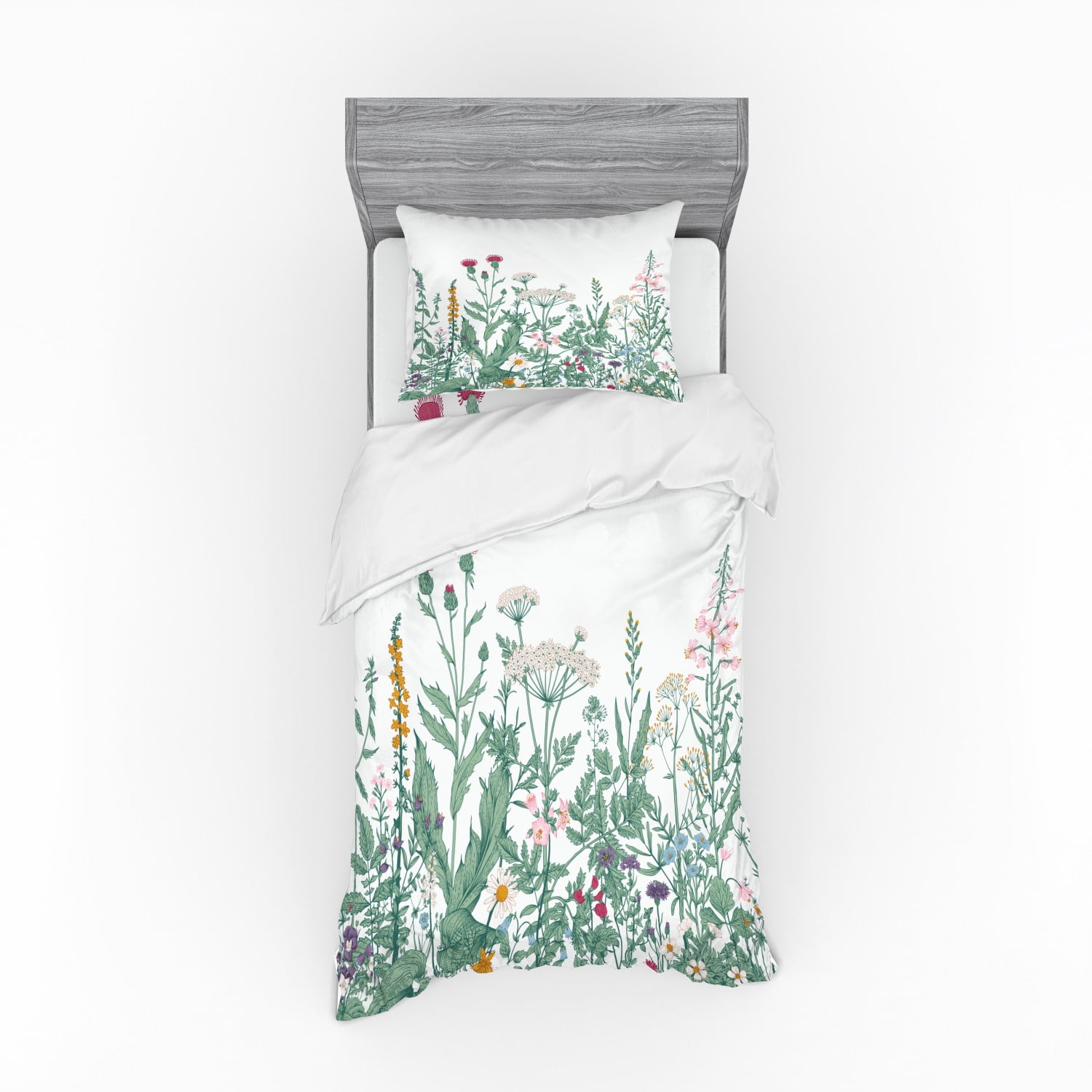Floral Duvet Cover Set, Vanished Colored Messy Wild Herb Medley of Cow