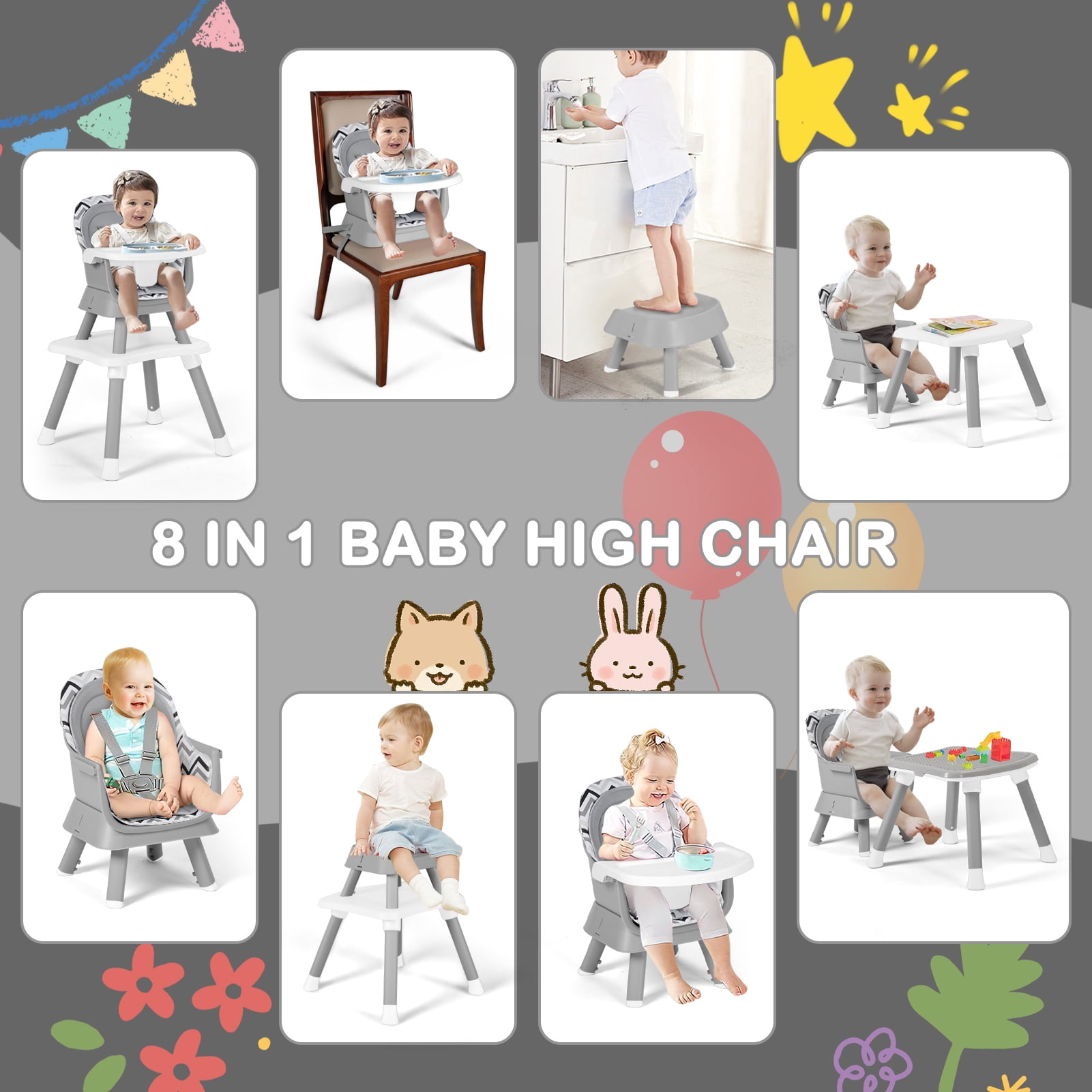 AILEEKISS 8 in 1 Baby High Chair Toddler Dining Booster Seat for Eating Black