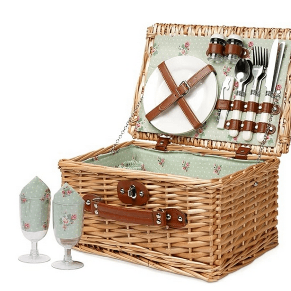 Wicker Picnic Basket for 2, Handmade Willow Hamper Basket Sets 2 Person Picnic Basket with Utensils Cutlery Perfect for Picnic, Camping