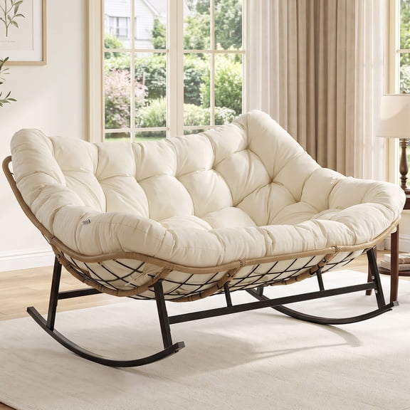 RADIATA Oversized 2-Person Papasan Rocking Chair with Cushion, Indoor Lounge Seat for Living Room, Bedroom, Study, Beige