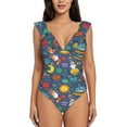 thumbnail image 2 of Yiaed Cartoon Space Print Women's Ruffled One Piece Swimsuit V Neck Swimwear Slimming Monokini for Woman-XX-Large, 2 of 8