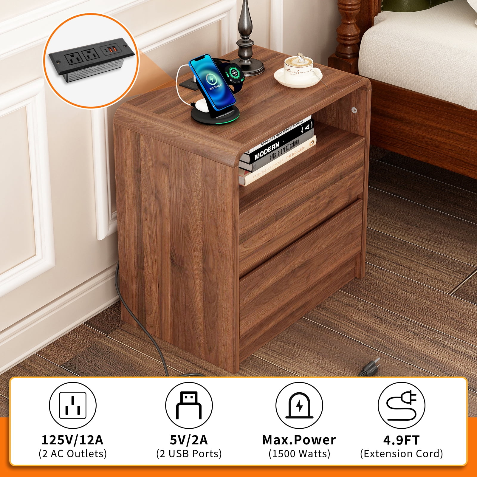 Hommoo 25" Tall Modern Wooden Nightstand Bedside Table with 2 Storage Drawers, Charging Station & Curved Profile Design, Mid Century End Table for Bedroom, Living Room, Walnut