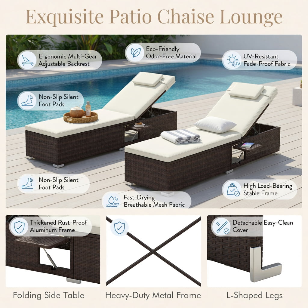 Hommoo 2-Piece Outdoor Chaise Lounge Set with Adjustable Backrest, Cushions, PE Rattan & Steel Frame, Poolside, Patio, Balcony Ready, Off-White