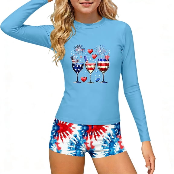 dazeni Girls 4th of July Swimsuit American Flag Patriotic Rash Guard Set Two Piece Long Sleeve Beach Summer Vacation Swimwear Independence Day Outfits Light Blue