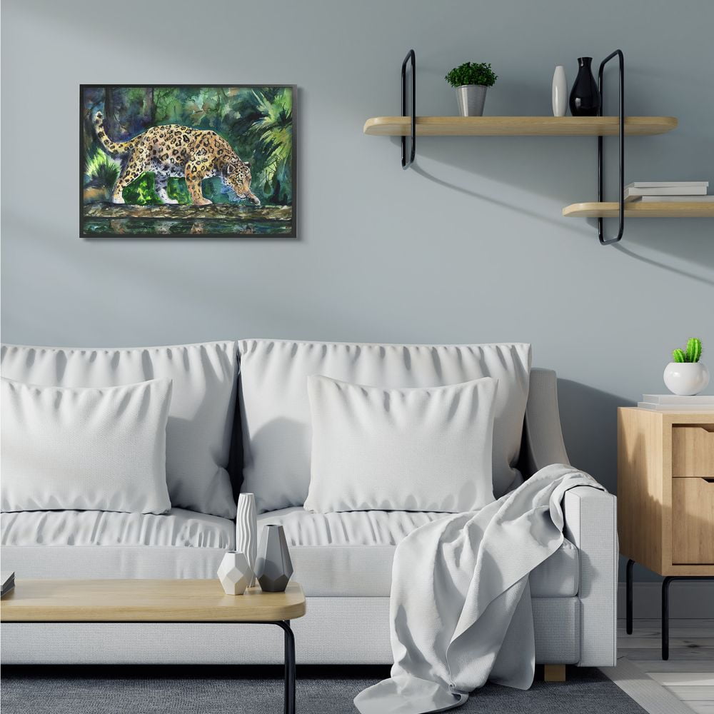 Stupell Industries Jaguar Large Cat Animal Green Watercolor Painting Framed Giclee Texturized Art by George Dyachenko