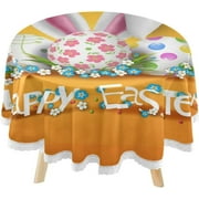 SKYSONIC Happy Easter Round Tablecloth 60inch Indoor Wrinkle Free, Eggs and Bunny Ears Circular Lace Table Cover Washable for Kitchen Party BBQ Dining Decor
