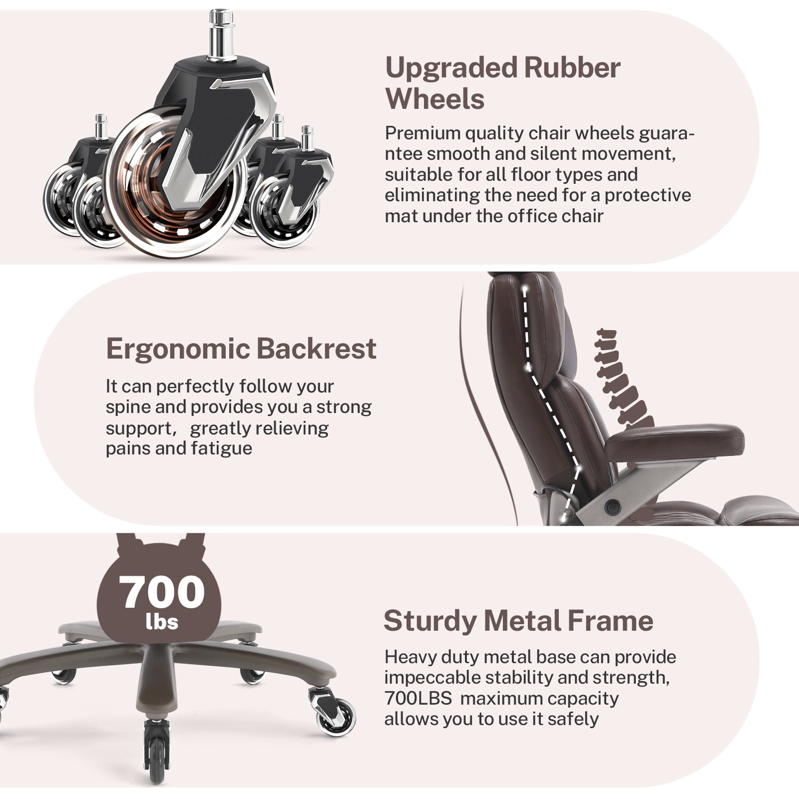 WOSDOM 700lbs Big and Tall Office Chair, Heavy Duty Executive Chair, Extra Wide Seat, Adjustable Headrest and Lumbar Support, 3D Flip up Arms, Brown