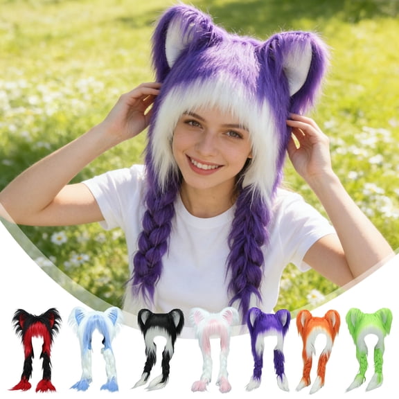 KOYPTL Soft Furry Cat Ear Hat with 2 Braids Winter Warm Furry Hat for Women Cat Ears Headwear for Cold Weather and Party Costume Accessories