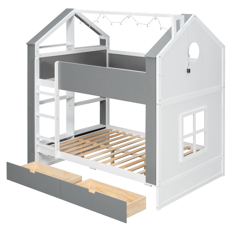 Full Over Full Bunk Bed with Storage Drawers and Shelves, Modern Two-Tone Wood Bunk Bed with LED Light Strip, Safety Guardrails and Ladder, Space-Saving Bed Frame for Kids, Teens