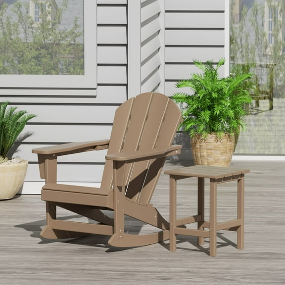 WestinTrends Malibu 2 Piece Outdoor Rocking Chair Set, All Weather Poly Lumber Porch Patio Adirondack Rocking Chair with Side Table, Weathered Wood