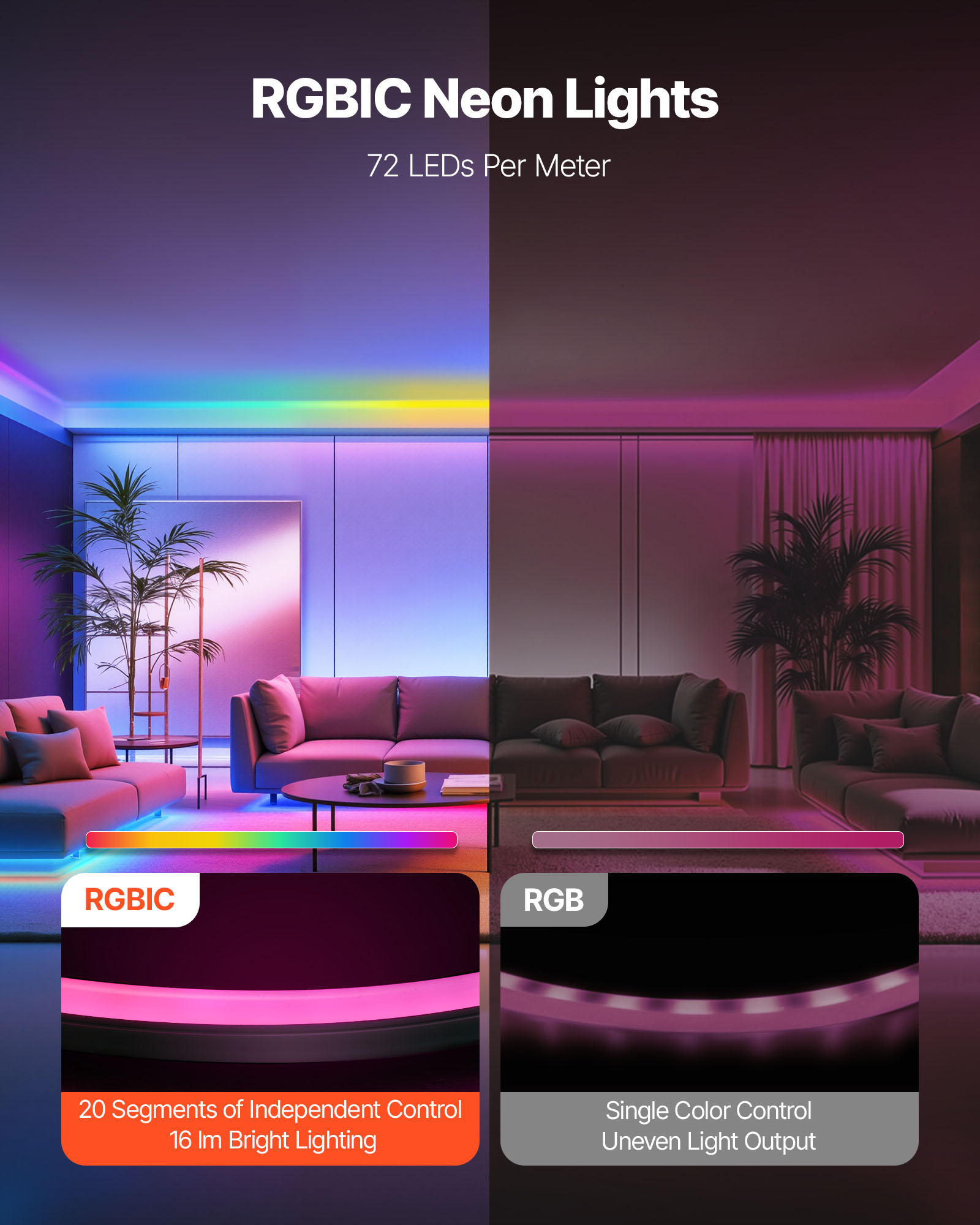 VEVOR LED Neon Rope Light, 16.4 ft, Flexible RGBIC LED Strip Light, Control with App/Remote, Works with Alexa & Google Assistant, Music Syncing, Custom DIY Neon Flex Lights, for Bedroom Gaming Indoor