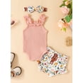 thumbnail image 3 of Western Baby Girl Clothes Letter Print Ruffle Sleeveless Romper+Cow Floral Print Shorts+Headband Summer Outfit, 3 of 9