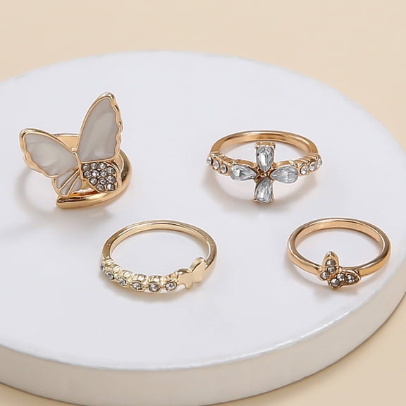 Gold-Plated Butterfly Ring Set: Exquisite 4-Piece Combination with Rhinestone and Geometric Accents for Women