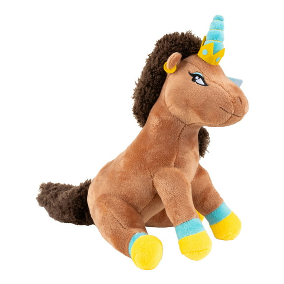 Afro Unicorn Plush Animal for Any Age in Brown with Soft Gold and Blue Trim
