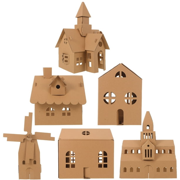 6 casas de cartón para colorear: casa de juegos navideña de cartón para niños pequeños, manualidades navideñas, actividades divertidas en interiores.