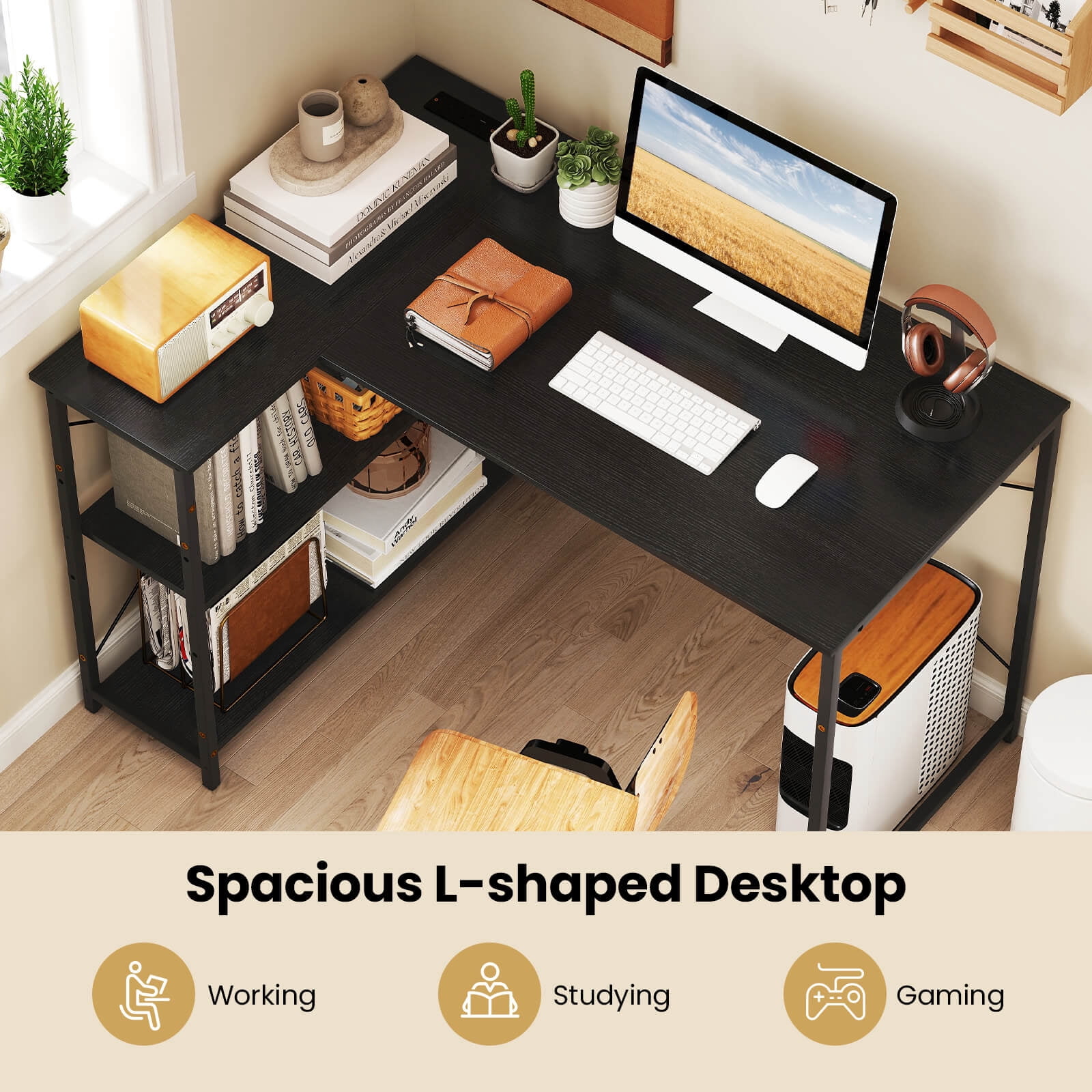 Costway L-Shaped Computer Desk with Power Outlets Adjustable shelf Heavy-Duty Metal Frame Black