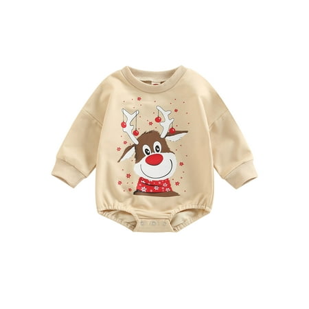 

Canrulo Infant Newborn Baby Girls Boys Christmas Romper Cartoon Elk Print Long Sleeve Jumpsuits Autumn Casual Clothes Khaki 6-12 Months
