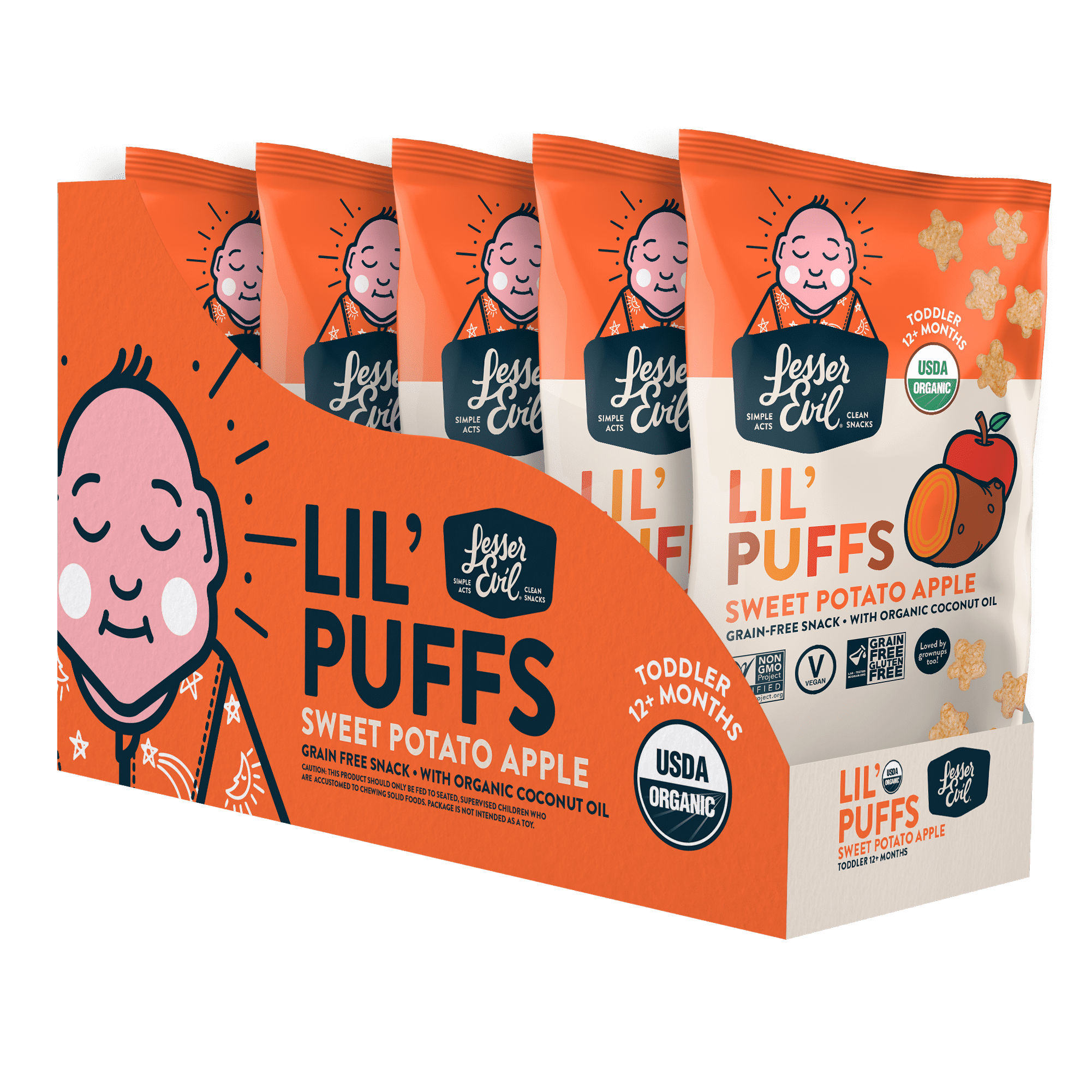 LesserEvil Organic Lil' Puffs, Sweet Potato Apple, 2.5 oz Bags, 5 Count