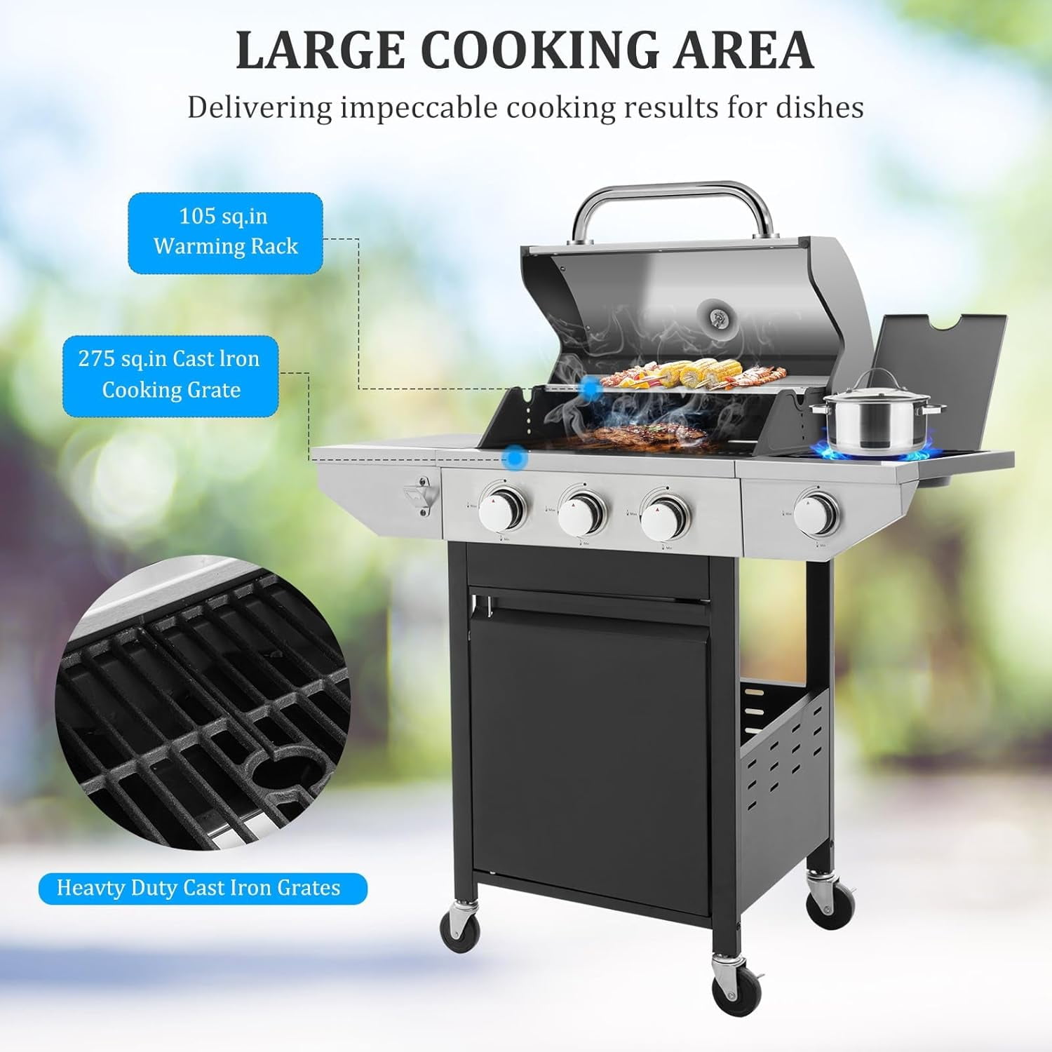 3 Burner Propane Gas Grill with Side Burner, Outdoor 37,150 BTU Stainless Steel Barbecue Grill with Lid, Wheels, Shelves and Thermometer for Camping, Outdoor Cooking
