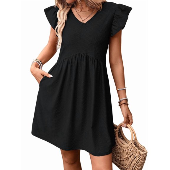 Women'S Summer Short Sundress Casual V Neck Ruffle Sleeve Mini Dress with Pockets Black S