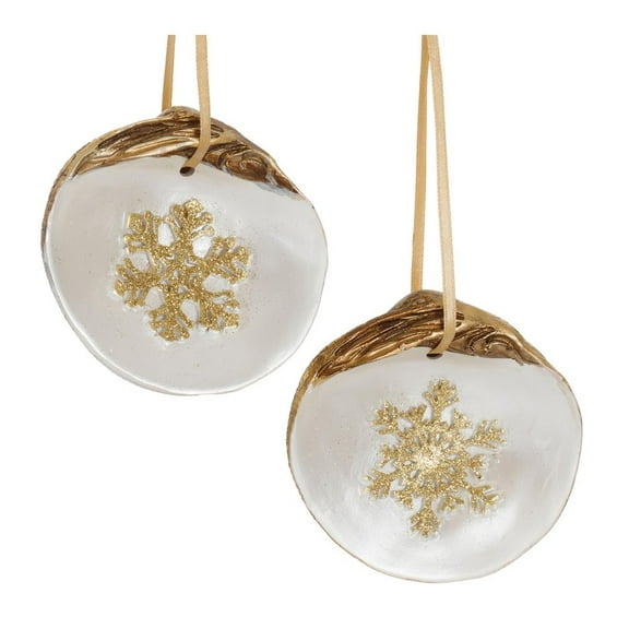 Melrose Clam Shell with Snowflake Christmas Ornaments - 3.25" - Gold and White - 12ct