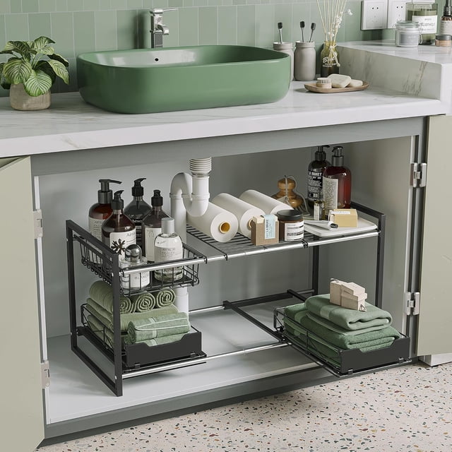 Organizador Bajo Fregadero, Estante de Cocina Expandible de 2 Niveles con 2 cestas metálicas, 1 Organizador de Tapas de Ollas 7 Compartimentos Ajustables, Adecuado para cocinas, An 69.3-81 cm