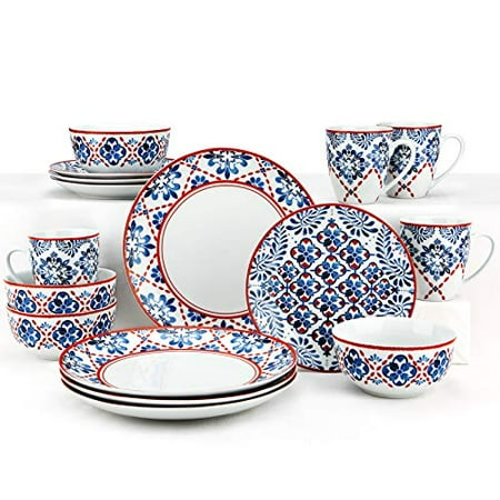 

ZYAN 16 Piece Round Dinnerware Sets Blue and Red Farmhouse Stoneware Dish Set Dishwasher Safe Plates and Bowls Sets for 4