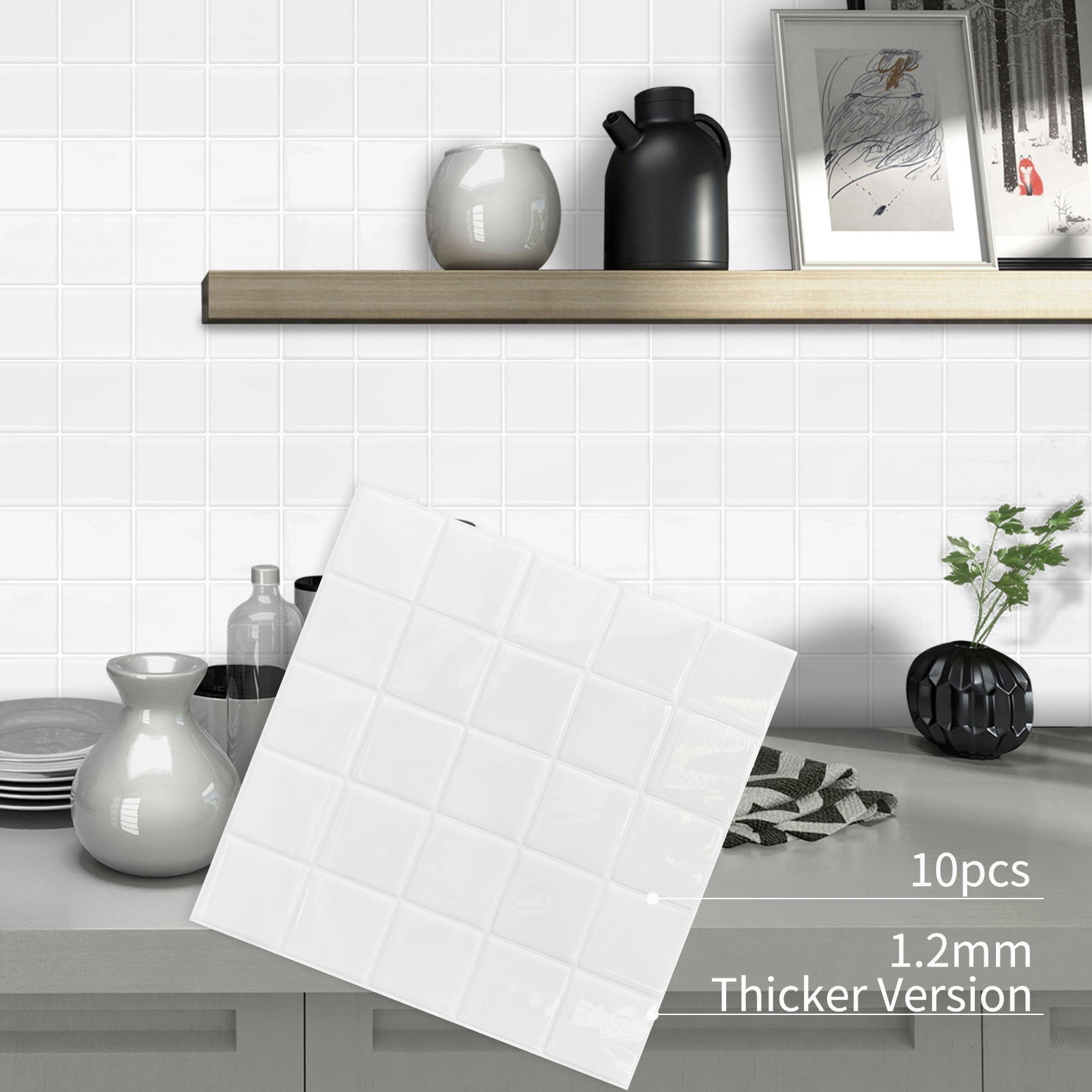 DEWOO Thick Square Kitchen Peel and Stick Backsplash Mosaic Tiles Square Self Adhesive Wall Tile Checkerboard Checkered Stickers,White (10-Sheet,12"x12")