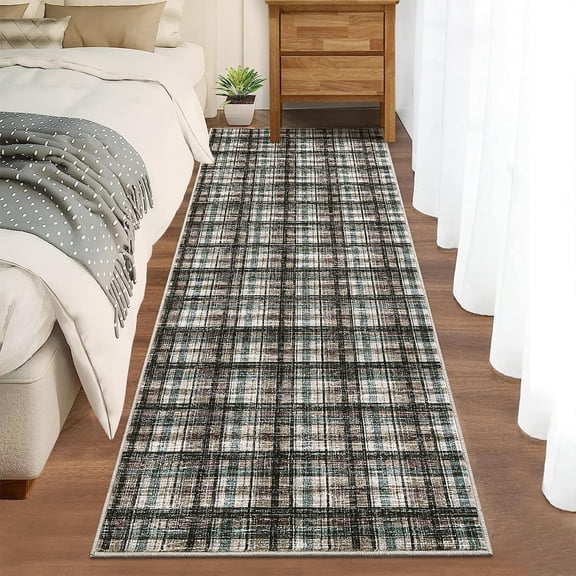 2x8 Washable Runner Rug, Low Pile Plaid Area Rug with Non Slip TPR Backing, Soft Faux Wool Hallway Carpet for Kitchen, Entryway, Bedroom, Laundry Room,Blue-green/brown
