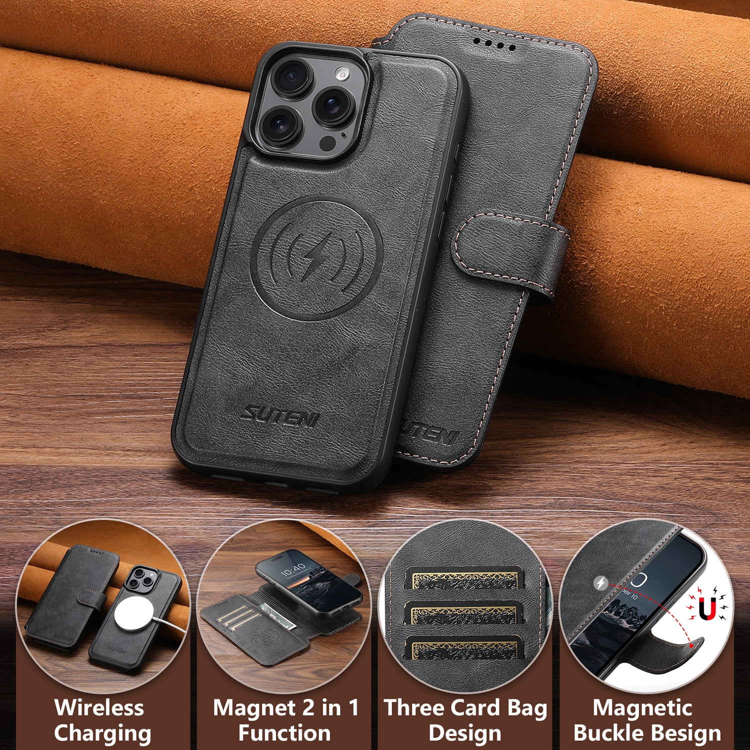 for iPhone 14 Pro Max Detachable Wallet Case, PU Leather Magnetic Cover Support Wireless Charging & Magnetic Car Mount, Card Slots Holder, Flip Stand, Folio Full Body Protective Phone Shell, Black