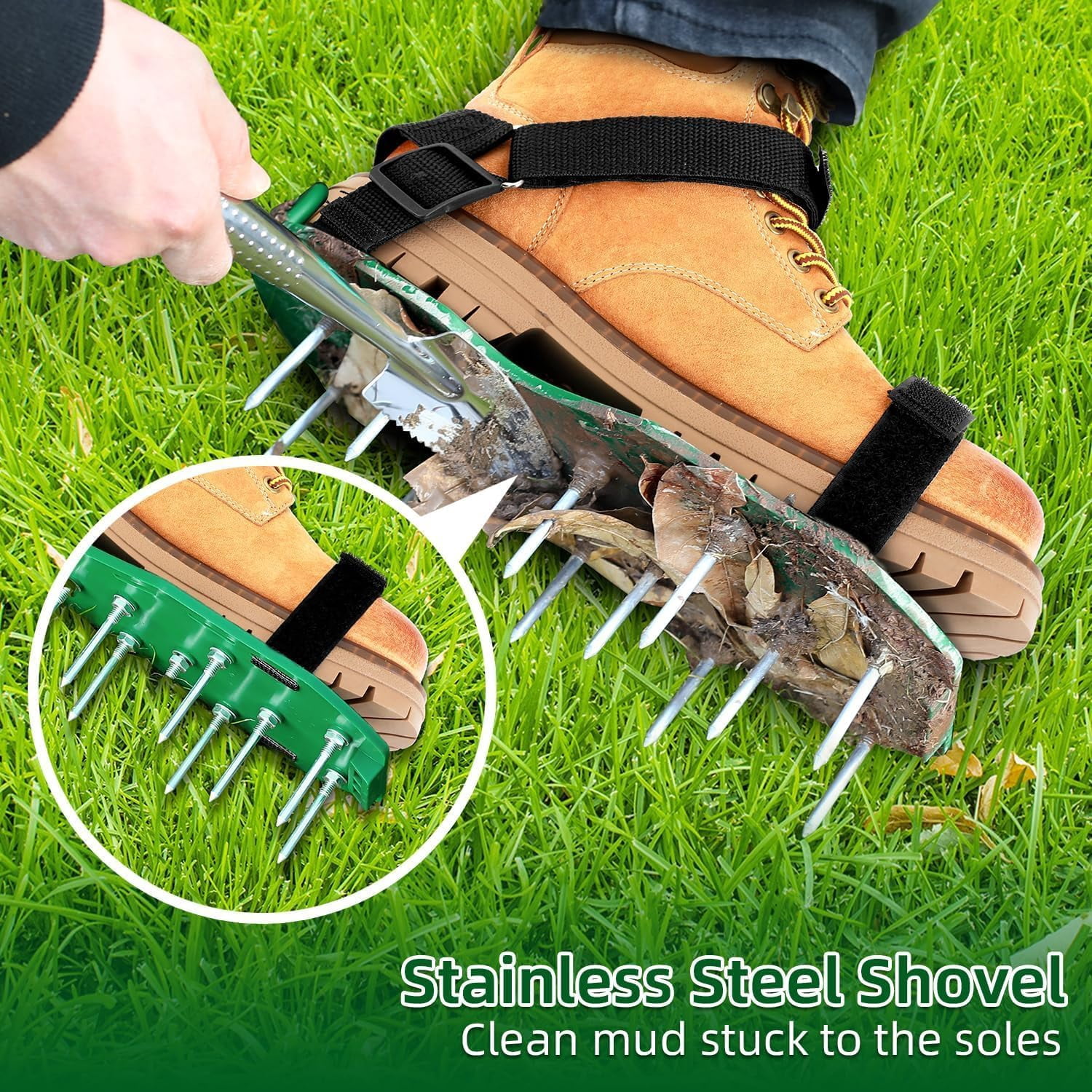 Lawn Aerator Shoes with 26 Spikes, Adjustable Sandals, 4 Straps