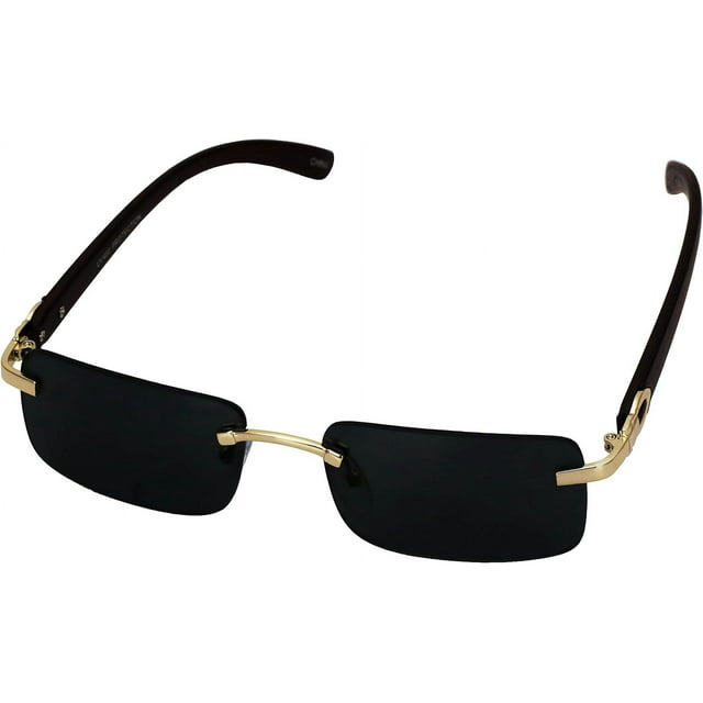 LAICAIW Elite Slim Rimless Rectangular Metal & Wood Art Aviator Sunglasses with black rectangular lenses, gold-tone metal bridge, and dark wood-textured temples. These aviator-style glasses offer 100% UV protection, glare reduction, and are part of wearable technology for enhanced outdoor visual comfort.