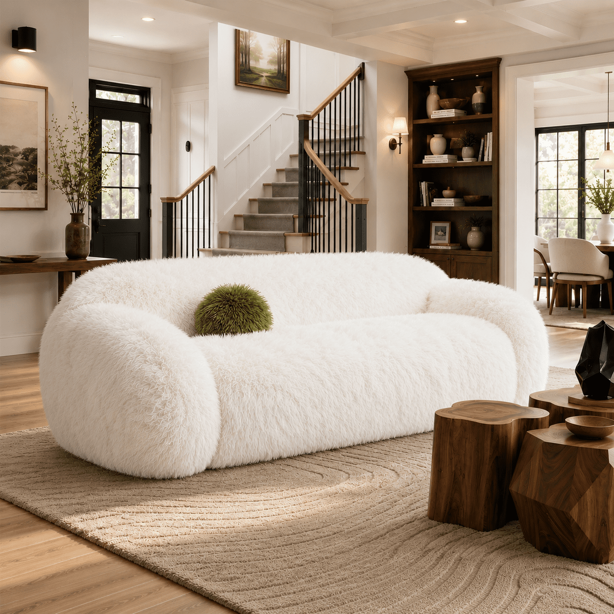 Aenkyo 84 Inch Plush Faux Fur Sofa, 25 Inch Deep Seat 3-Seater Couch with Ball Pillow, White